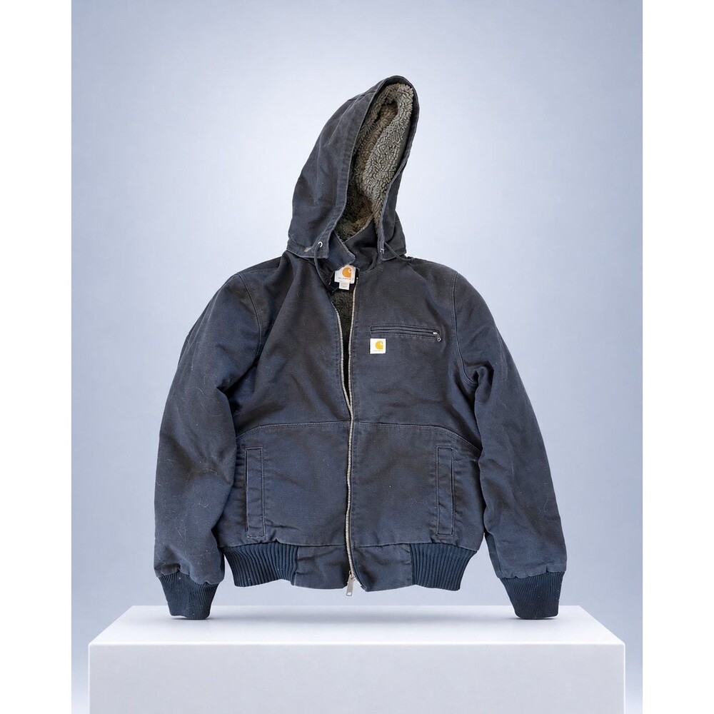 Carhartt Duck Lined Bomber Work Jacket Mens M Black W/ Hood Full Zip Detachable